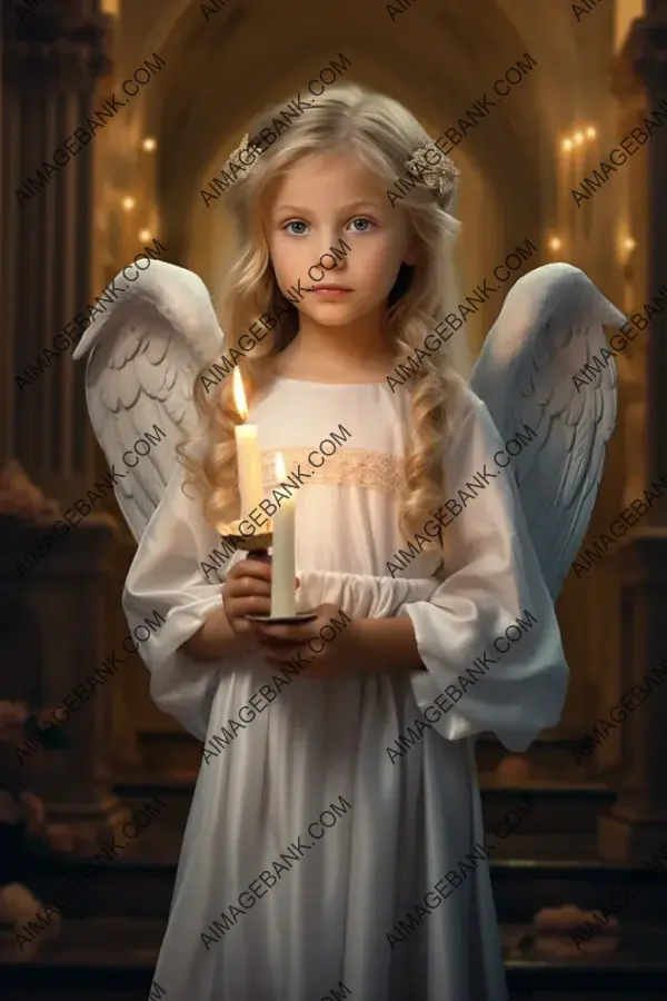 Charming Child Dressed as an Angel in a Church Setting