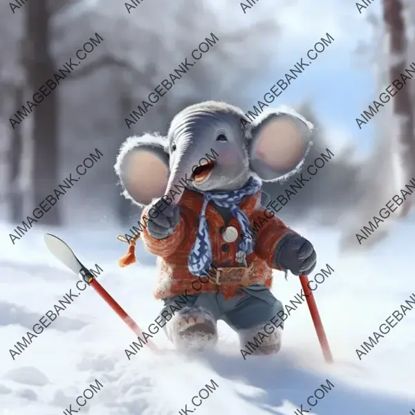 Elephant Having Fun While Skiing in a Playful Fantasy