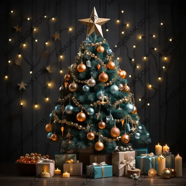 Christmas Tree Shining with Garland and Star on White Background