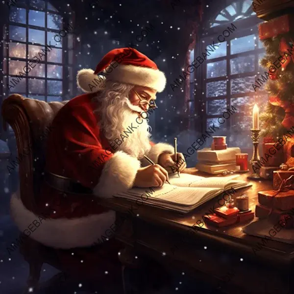 Santa Writing a Note at His Snowy Desk