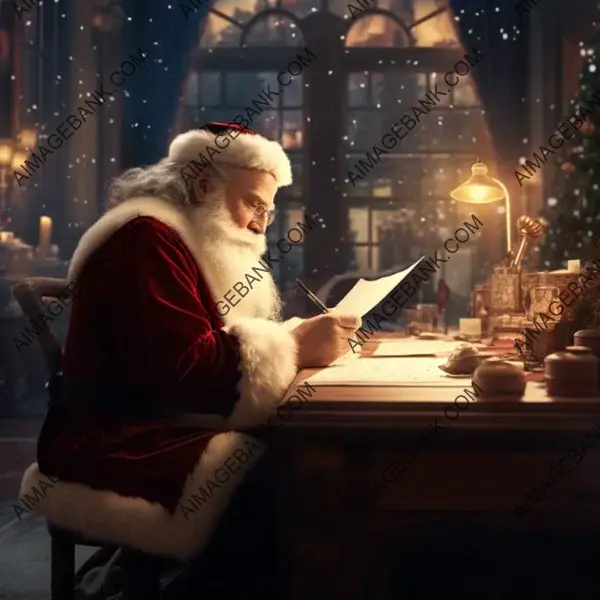 Santa Claus Composing a Note at His Desk