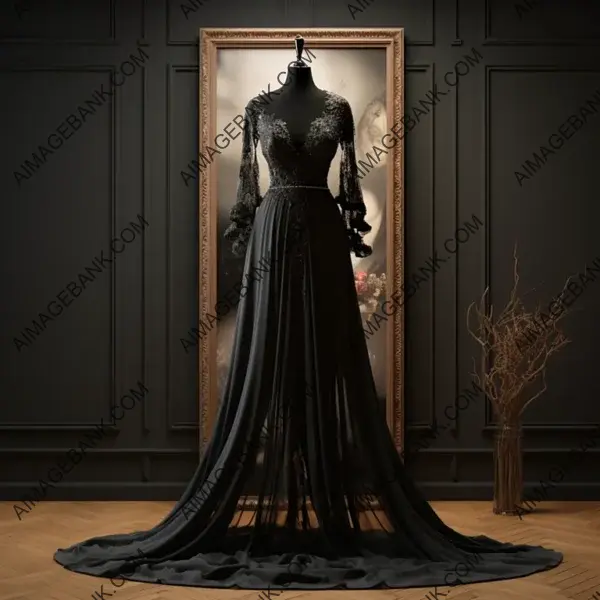 Long Sleeve Black Prom Dress with Pearl Lace on Hanger