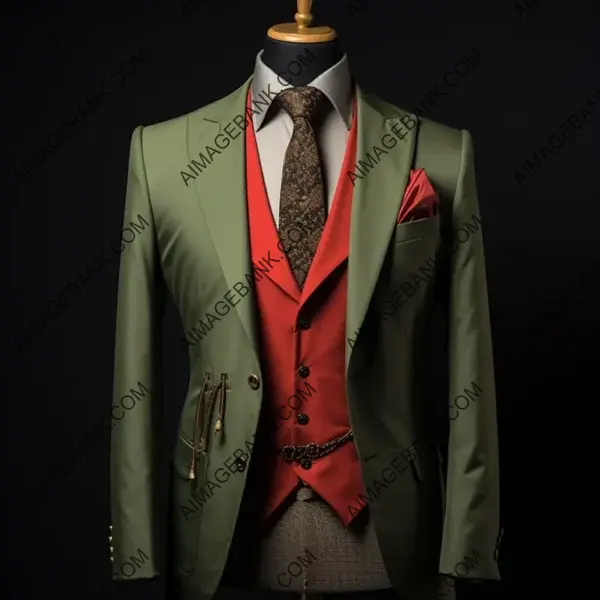 Olive Green Tuxedo Jacket with Red Vest and Tie: Stylish Ensemble