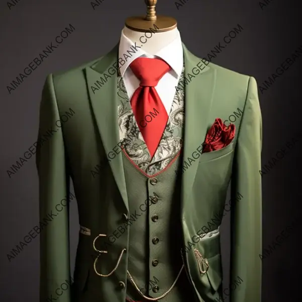 Classic Tuxedo Jacket: Olive Green with Red Vest and Tie