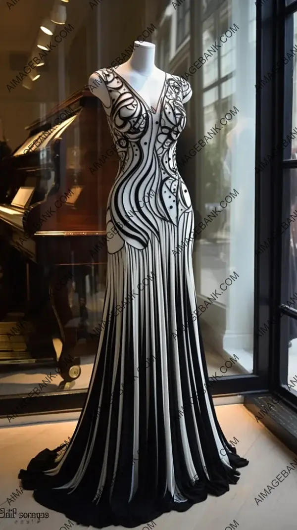 Elegant Flowing Dress: Black and White Piano Style