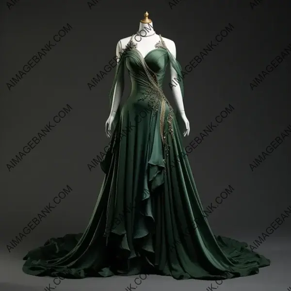 Stunning Green Dress Featuring a Fitted Bodice and Silver Details