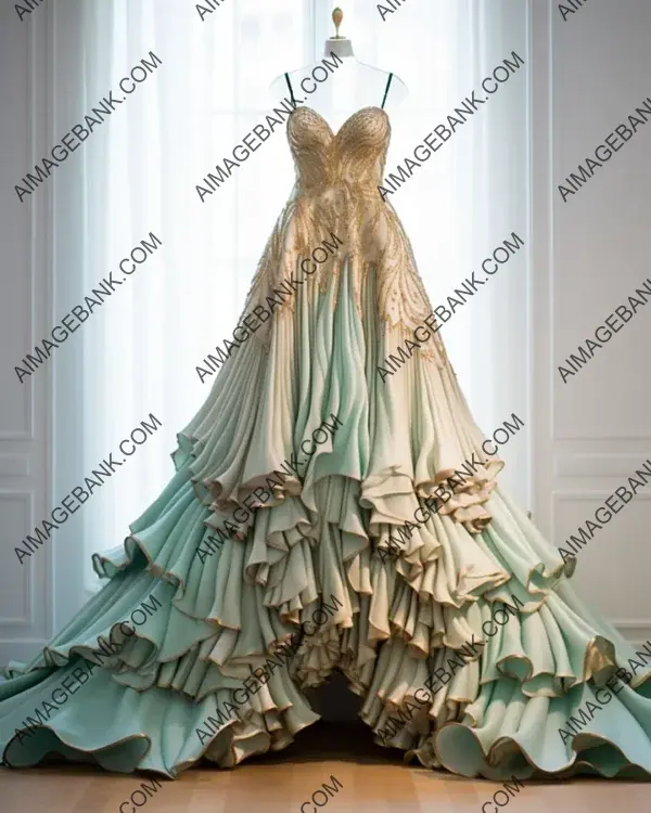 Stunning Silk Gown Adorned with Lace, Beads, and Feathers