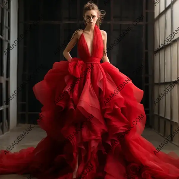 Highly Detailed and Extreme Design: Red Tulle Evening Dress