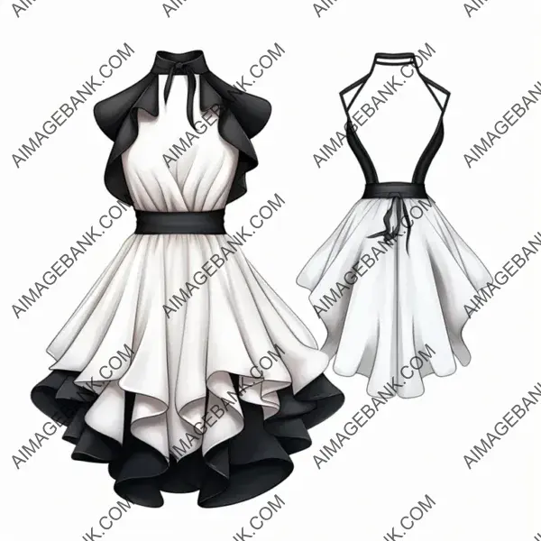 Technical Black and White Sketch: Feminine Haute Couture Short Dress