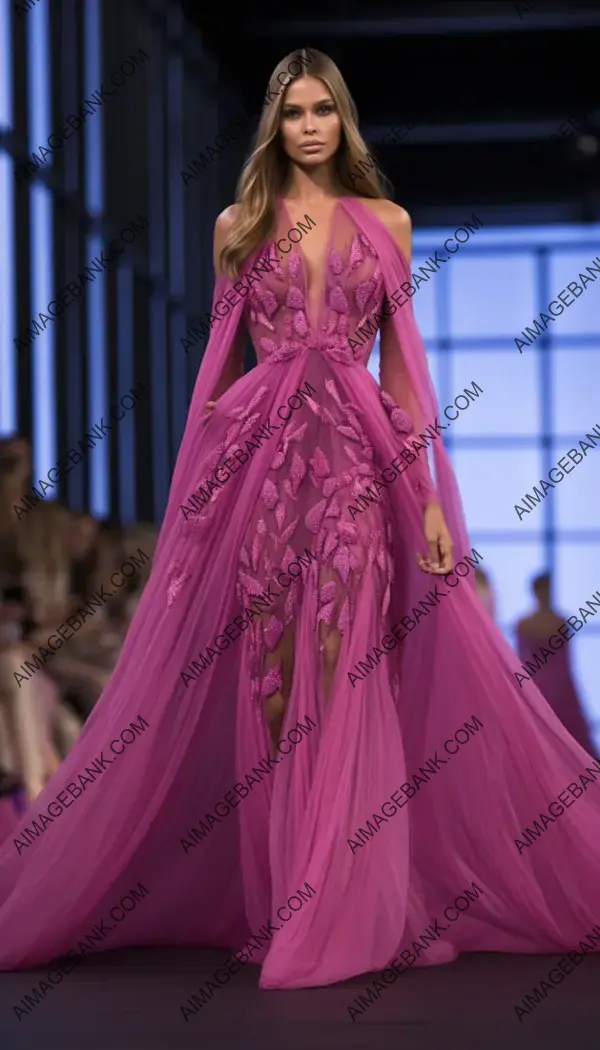Beautiful Model in Long Haute Couture Evening Dress