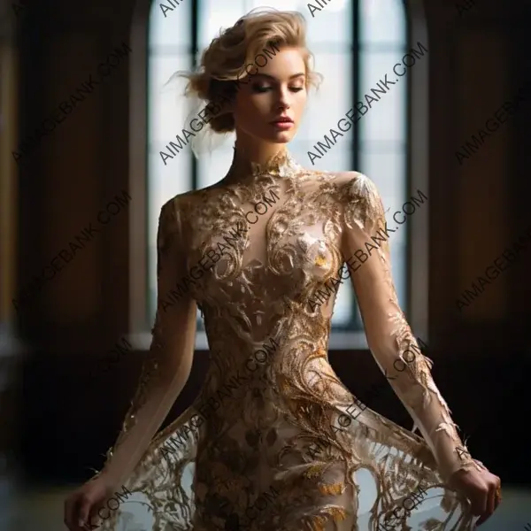 Elegant Model in Long Haute Couture Evening Dress