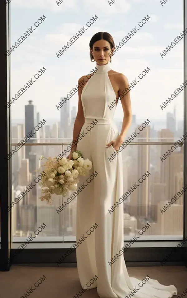 Bride in Halston&#8217;s Chic Wedding Gown