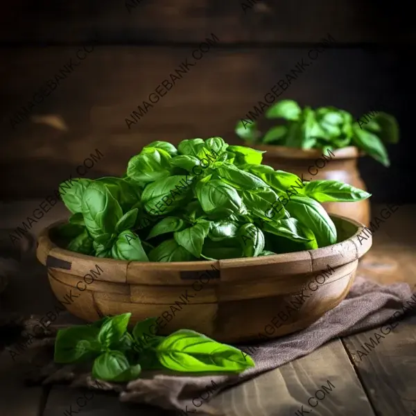 Fresh Basil in a Wooden Bowl &#8211; Traditional Culinary Ingredient