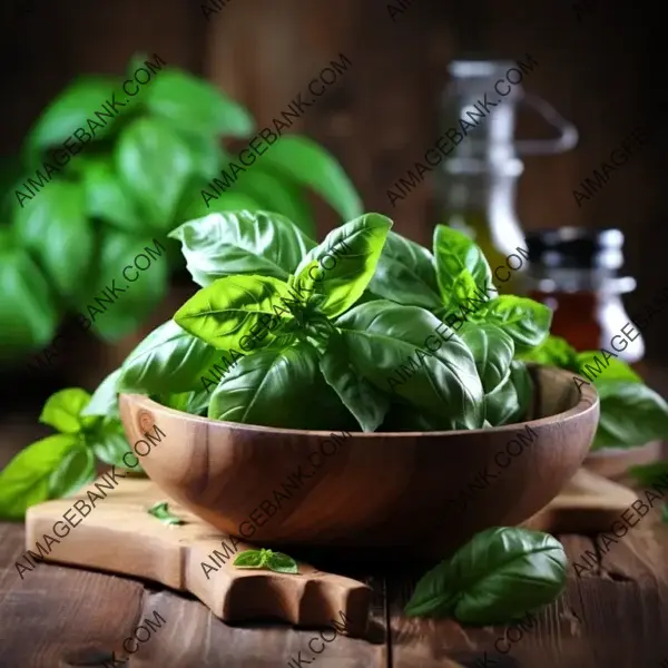 Basil in Wooden Bowl &#8211; Culinary Ingredient on Old Table