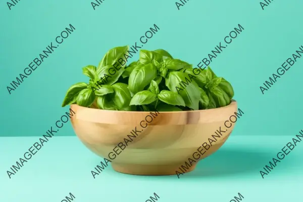 Turquoise Background with Basil in Wooden Bowl &#8211; Culinary Art