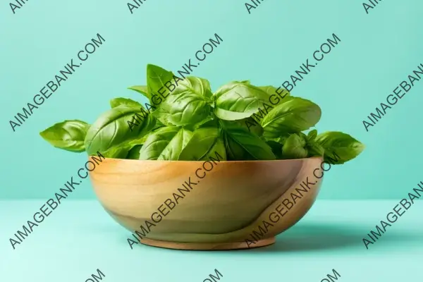 Basil in Wooden Bowl on Turquoise Background &#8211; Culinary Delight