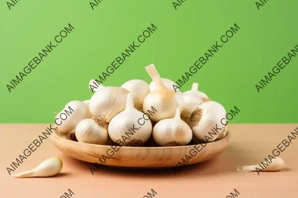 Group of Garlic on Wooden Coaster &#8211; Bright Green Background