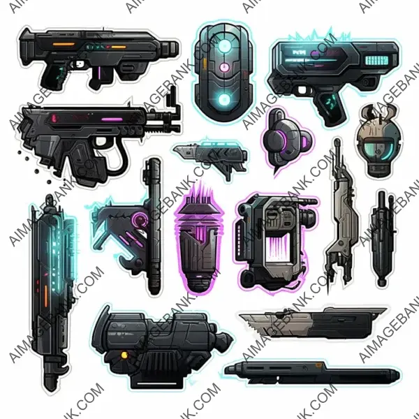 Weapon Gadget Cyberpunk Sticker Sheet: White Asset Game Props