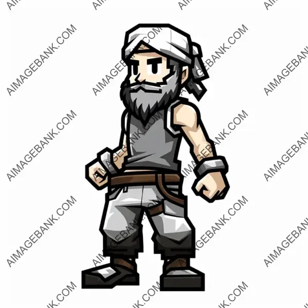 White Background: Pixel Art Character with Black Lines