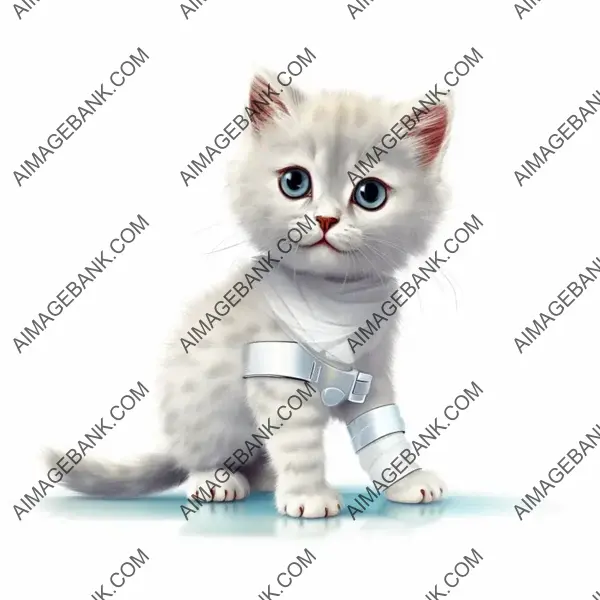 Kitty with Bandaged Leg on White Background