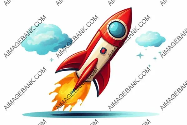 Rocket Launch Cartoon in Space on White Background