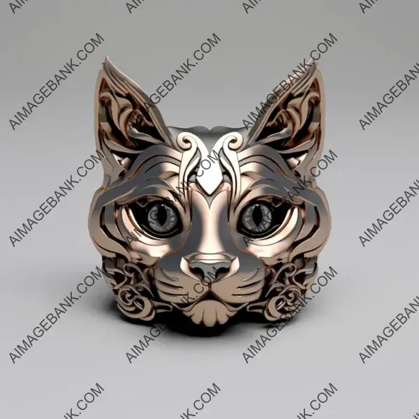 Cat Head in Simple 3D with Metallic Texture for Jewelry