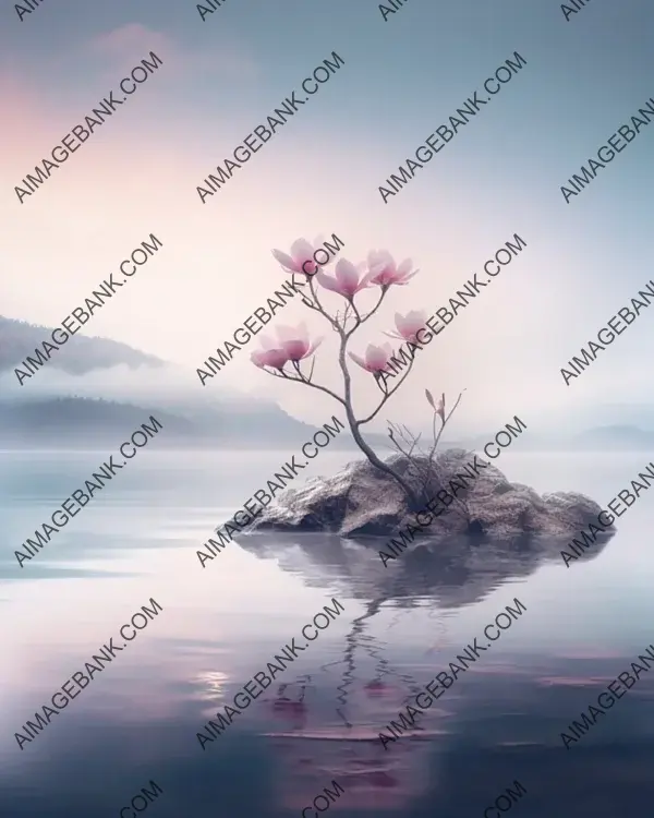 Tranquil Lake with One Stone, Rock, and Magnolia Tree