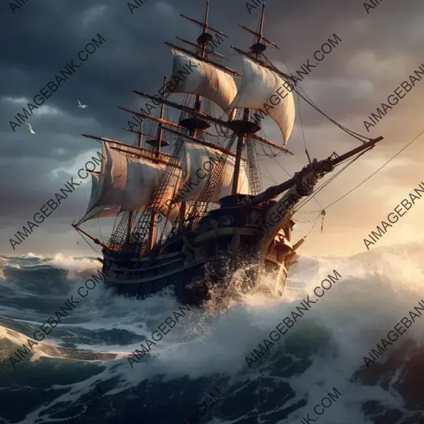 Panoramic View of Pirate Ship with Towering Waves