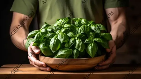 Wooden Bowl with Basil in Close-up Held by a Man