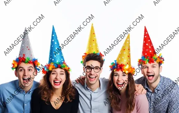 Party Vibes: Group of People with Party Hats on White Background