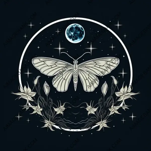 Large moth outline with lunar and star elements logo