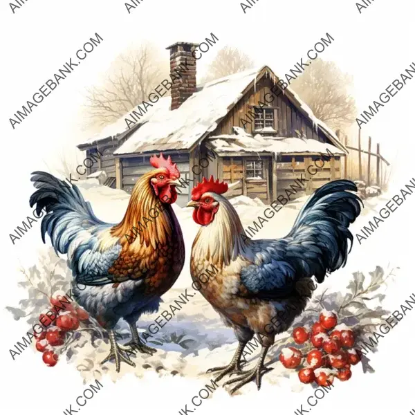 Vibrant Vintage Christmas Farm Chickens Illustration