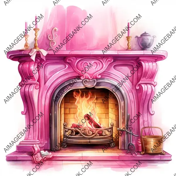 Realistic Watercolor Style Pink Fireplace Illustration
