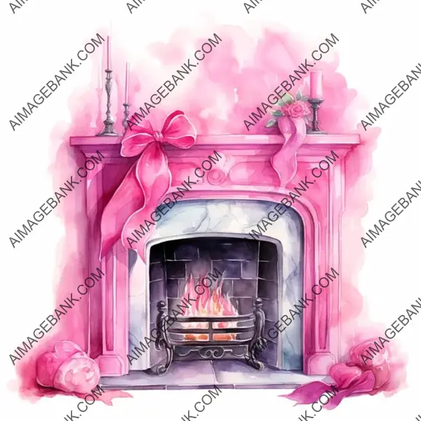 Festive Watercolor Style Pink Fireplace Illustration
