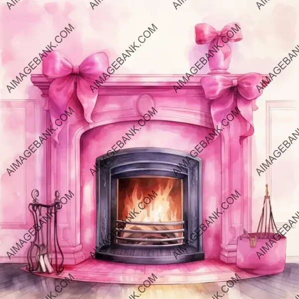 Cozy Up to Watercolor Style Pink Fireplace Illustration