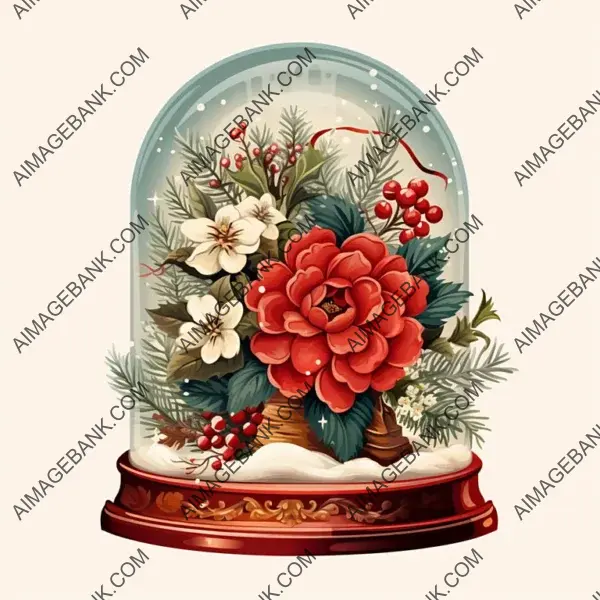 Vintage Christmas Floral Snow Globe Illustration