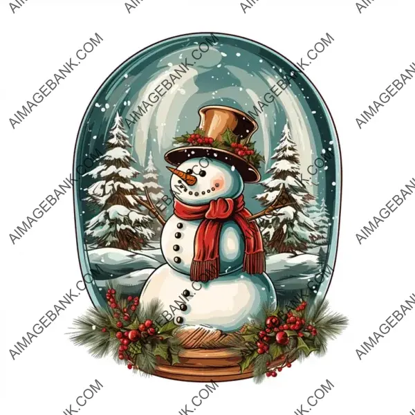 Festive Vintage Snowman Snow Globe Die Cut Illustration