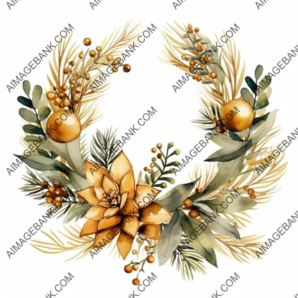 Realistic Golden Christmas Wreath Clipart &#8211; Watercolor Illustration