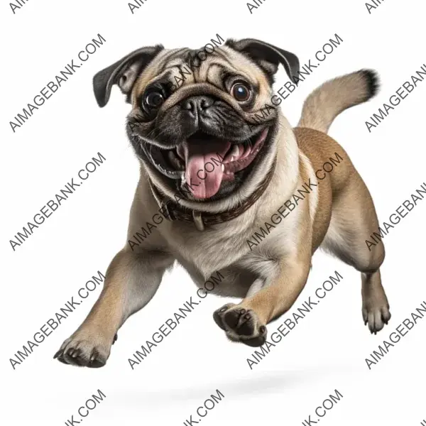 Joyful Pug Jumping on a White Background (Side View)