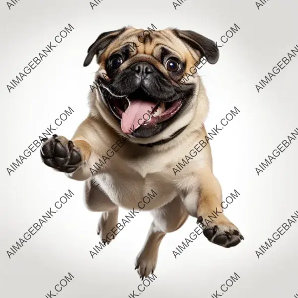 Cute Pug in Mid-Jump on a White Background (Side View)