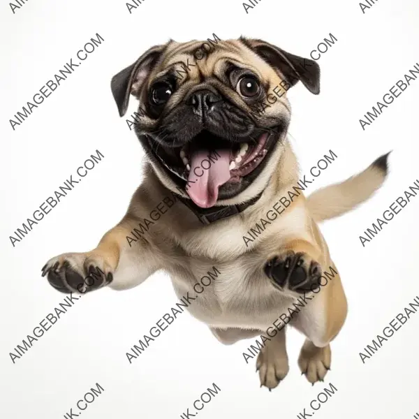 Playful Pug Jumping for Joy on a White Background (Side View)