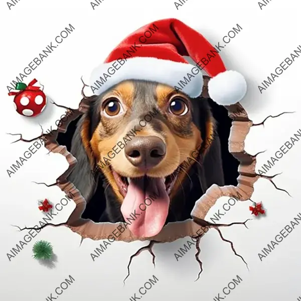 Delightful 3D Wall Crack Effect: Cute Christmas Dachshund