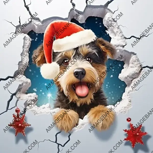 Playful 3D Wall Crack Effect: Cute Christmas German Shepherd