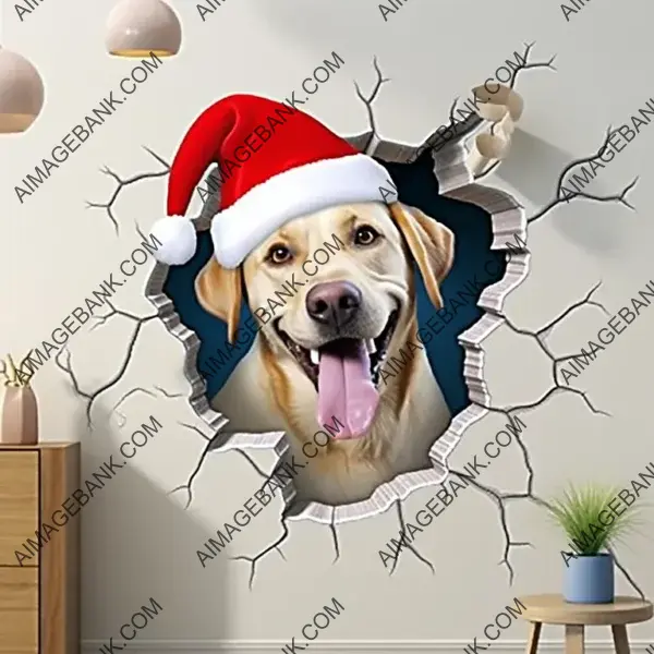 Captivating 3D Wall Crack Effect: Cute Christmas Labrador