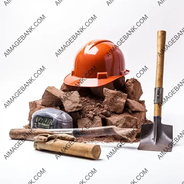 Professional Construction Tools: Hard Hat, Shovel, Bricks, and Rake