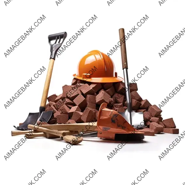 Safety Equipment: Orange Hard Hat, Shovel, Bricks, and Rake