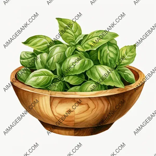 Watercolor Basil in Wooden Bowl on White Background &#8211; Culinary Art