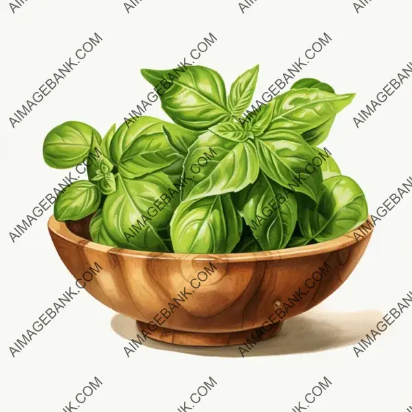 White Background Watercolor Basil in Wooden Bowl &#8211; Botanical Art