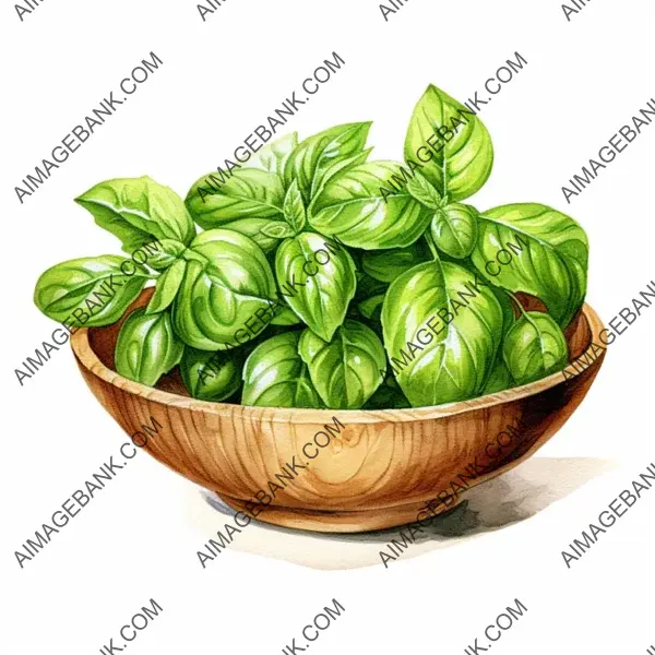 Botanical Art &#8211; White Background Watercolor Basil in Wooden Bowl