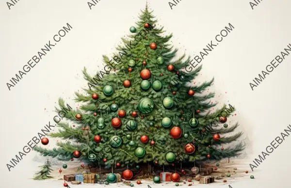 Detailed Linework Colored Pencil Drawing of a Christmas Tree